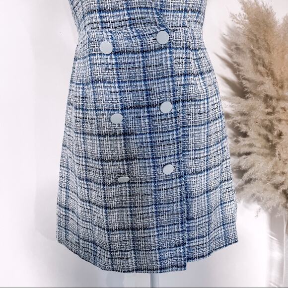 Zara Blue Overall Tweed Plaid Pinafore Mini Dress Size M - Picture 13 of 16